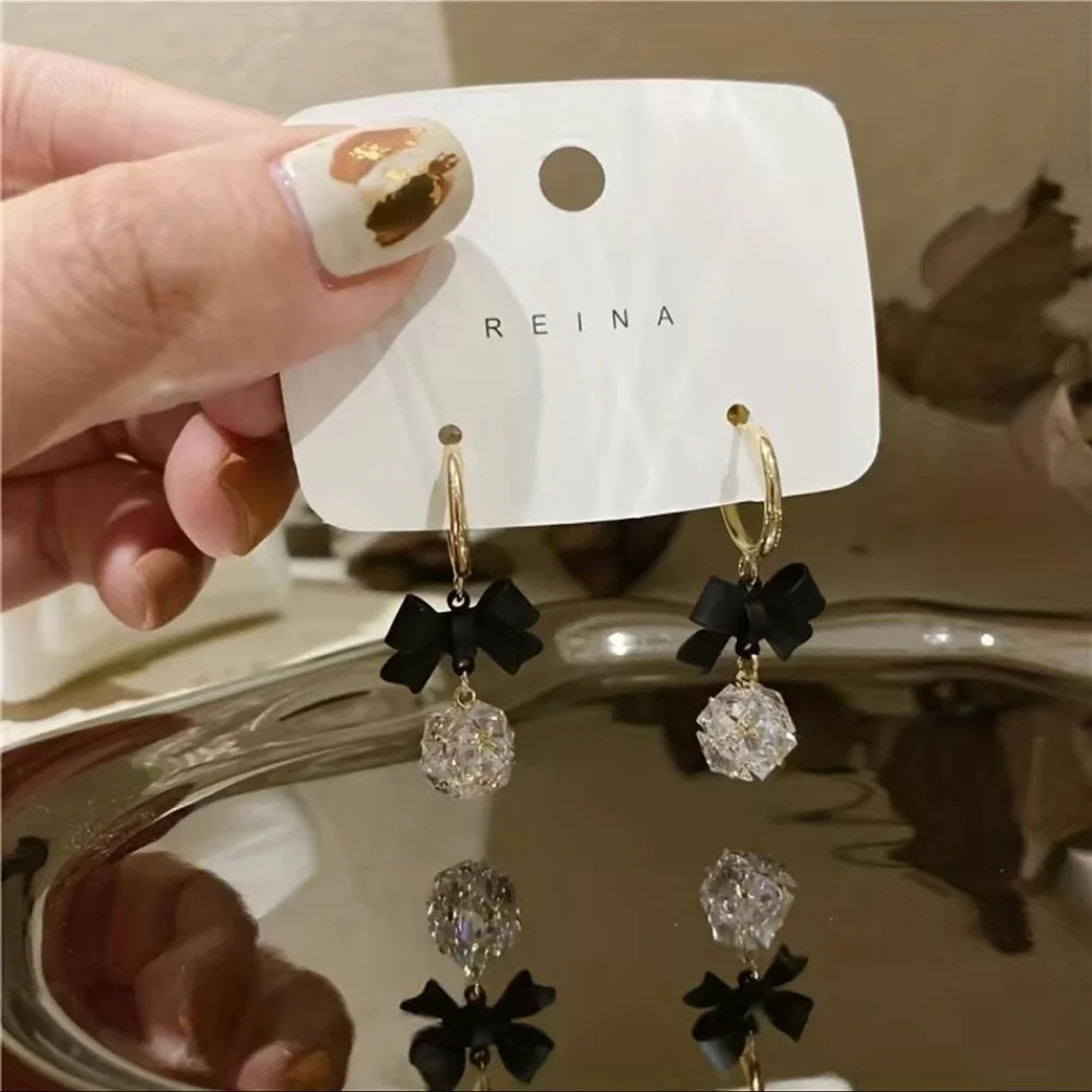 Diamond Ball Earrings with Bowknot Shape Pendant - Picture 6 of 7